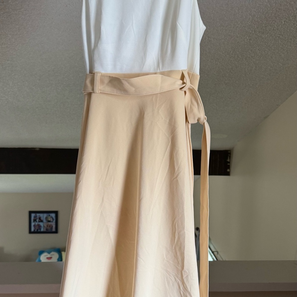 Calvin Klein White and Tan Midi Dress with Belt